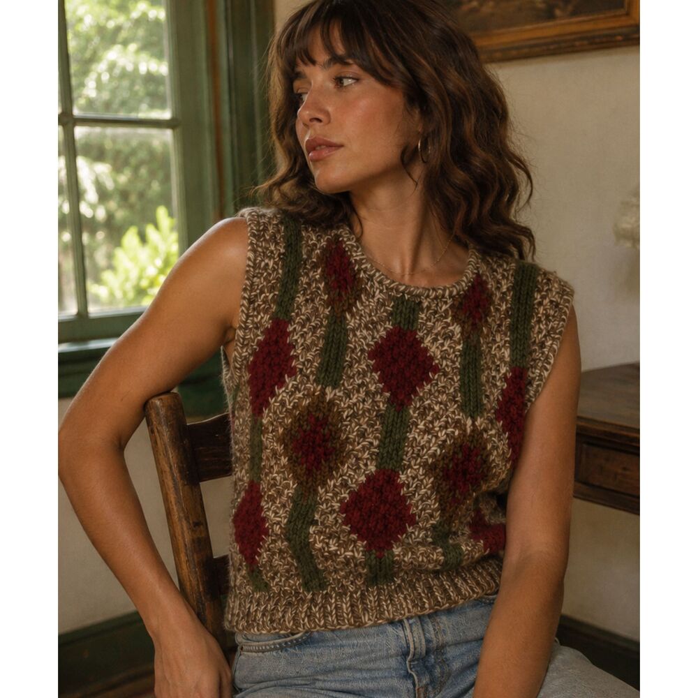 Vintage Hand Knit Floral Sweater Vest Wool Blend Chunky Cottagecore Knit Medium